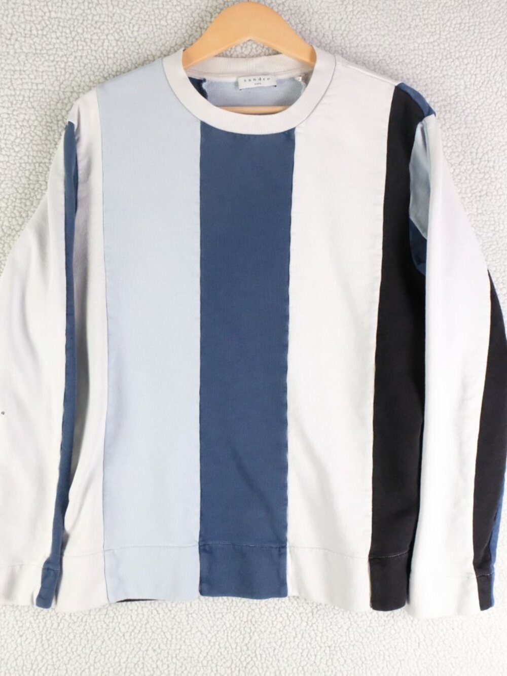 Sandro Sweater Mens Medium Blue White Striped Crew Pullover Stretch Paris